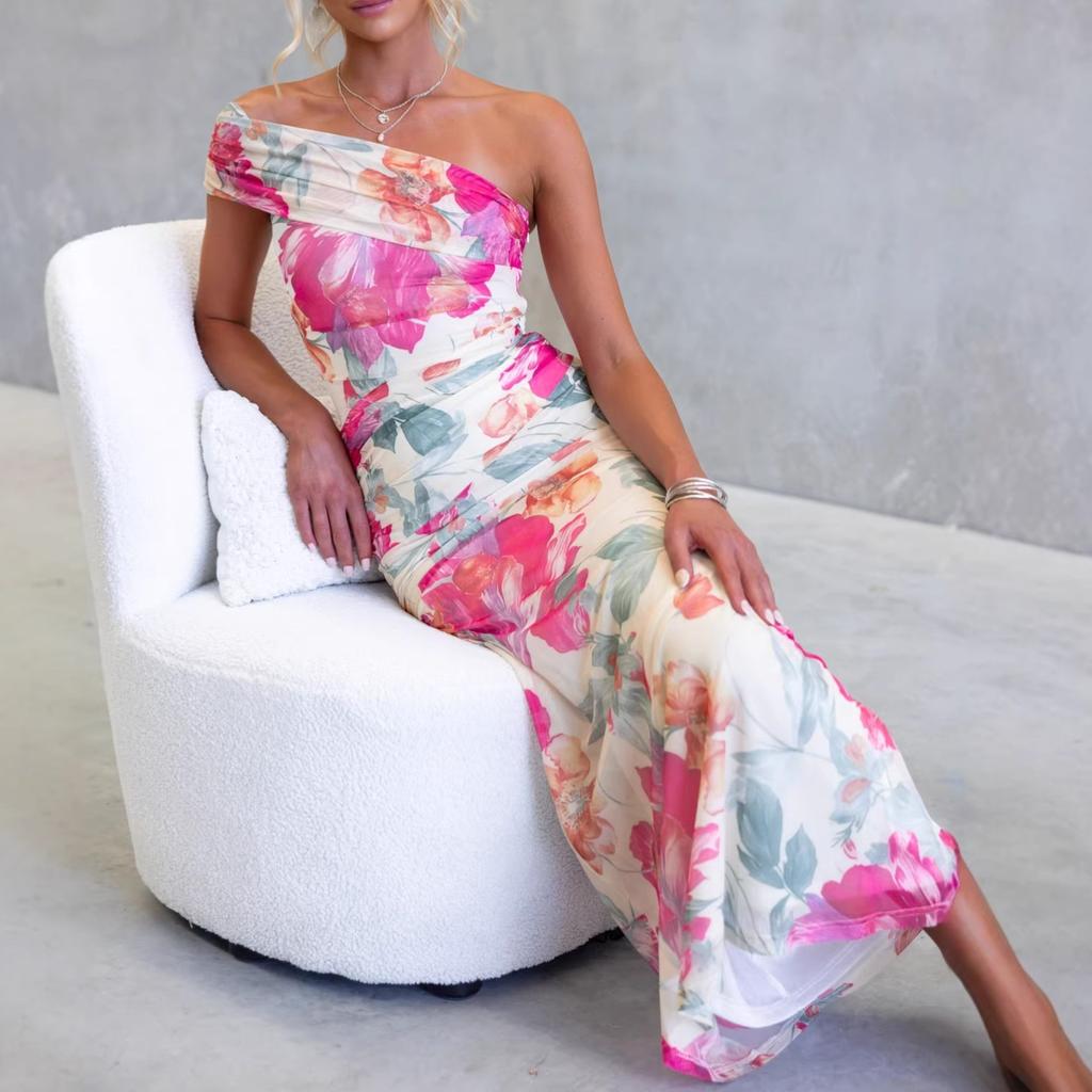 New European and American sexy one-word shoulder one-shoulder printed skirt slim-fitting hip-wrapping holiday dress dress