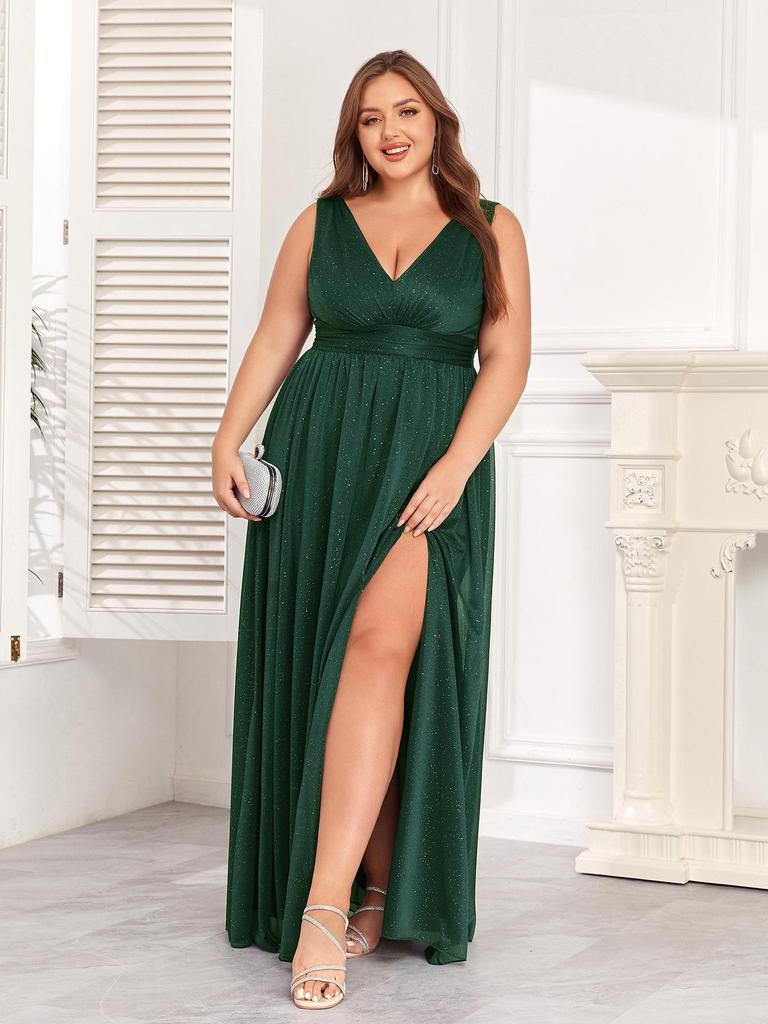 2024 Sparkling Chiffon Sleeve Double V-Neck A-Line Bridesmaid Dress with Side Slit