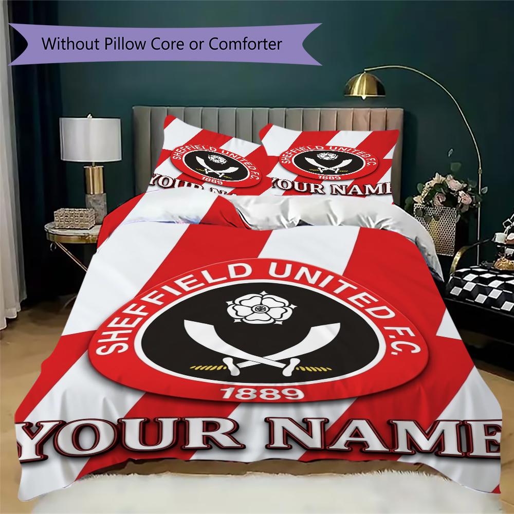 Benutzerdefinierter Name Sheffield United FC Muster Bettwäsche Steppdecke Set Steppdecke Bezug Kissenbezug Heimdekoration Geburtstagsgeschenk (1*Bettbezug+2*Kissenbezug ohne Füllung)