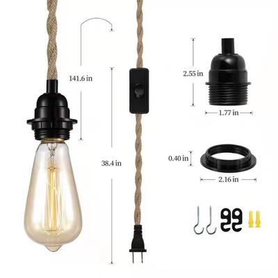 Retro E27 Lampholder with Hemp Rope Power Cord & Plug Switch
