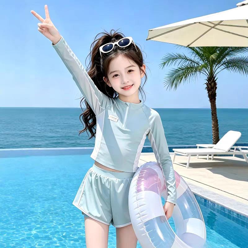 Girls Long Sleeve UV Protection Two Piece Swimsuit Set Middle Big Kids Beach Spring Swimming Suit