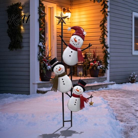Decorative Holiday Post Vintage Metal Christmas Snowman Ground Stake, Distressed Yard Sculpture with Three Climbing Snowmen Entryway Decoration