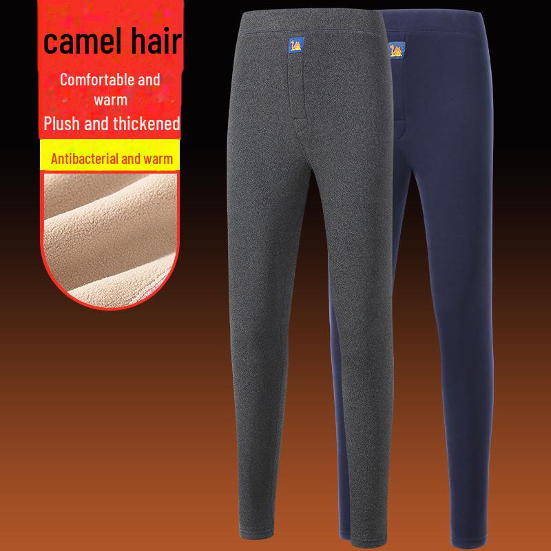 Men's Winter Thickened Velvet-Lined Elastic Waist Pants with Knee Pads - Camel Wool Cotton for Middle-Aged