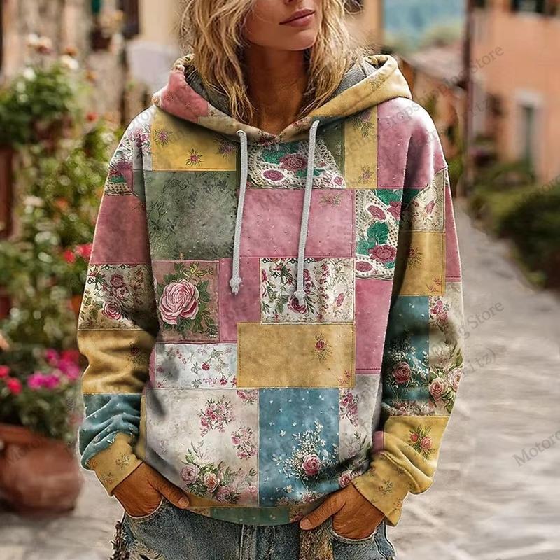 Vintage Floral Patchwork 3d Print Hoodie Women Fashion Casual European American Style Hoodie Sweatshirt Women Clothes Top