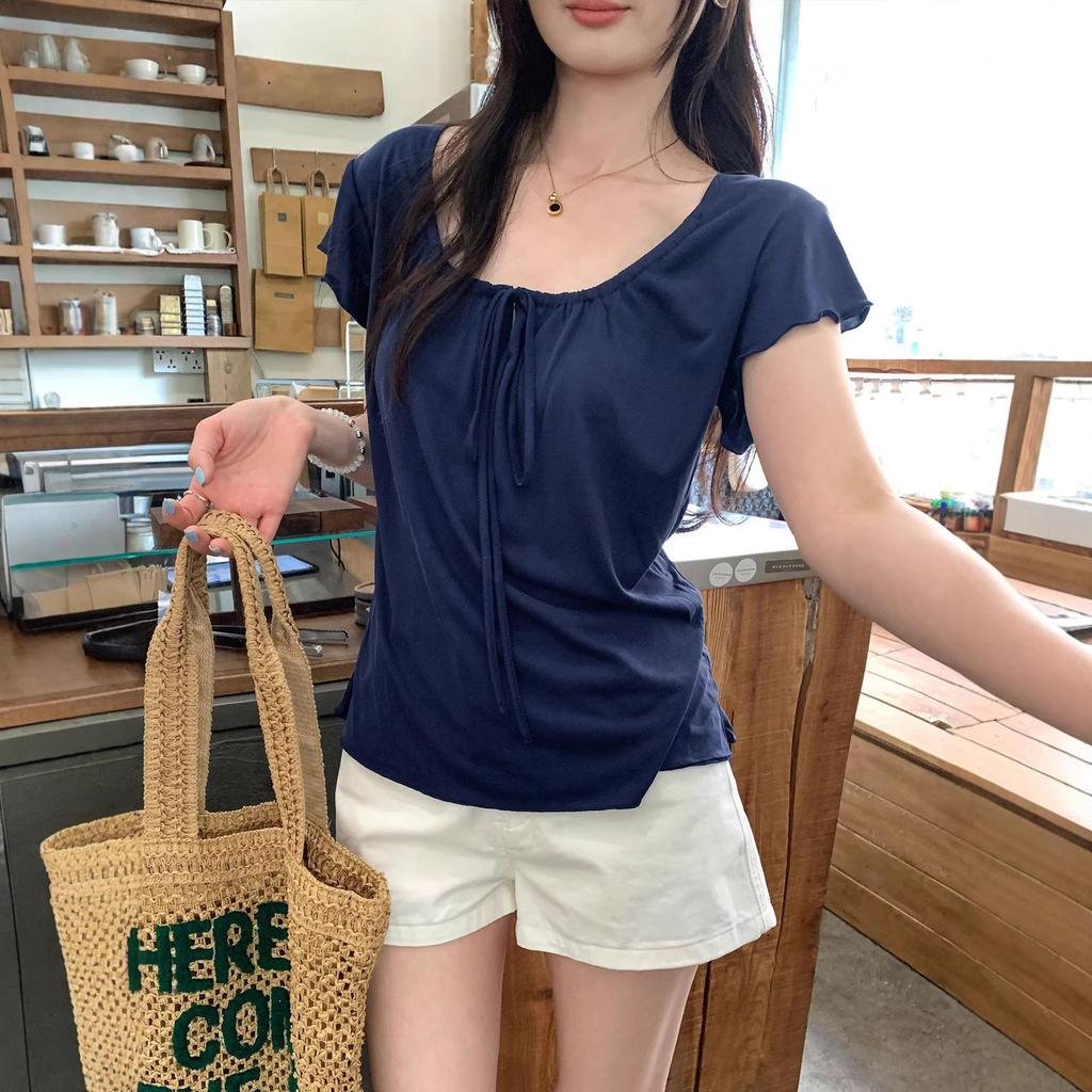 Gentle and relaxed vacation lace-up waist short-sleeved T-shirt women's summer new thin and versatile old money top