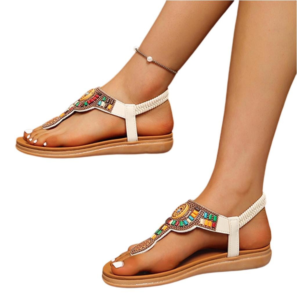 Large size rhinestone herringbone clip toe thick bottom ethnic elastic band bead beach sandals