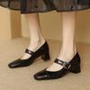 New Women's Medium-heeled Small Leather Shoes, Black Square Head, Four-season Wear, Women's Shoes, Single Shoes, Women's Feet, One Pedal, Beef Tendon