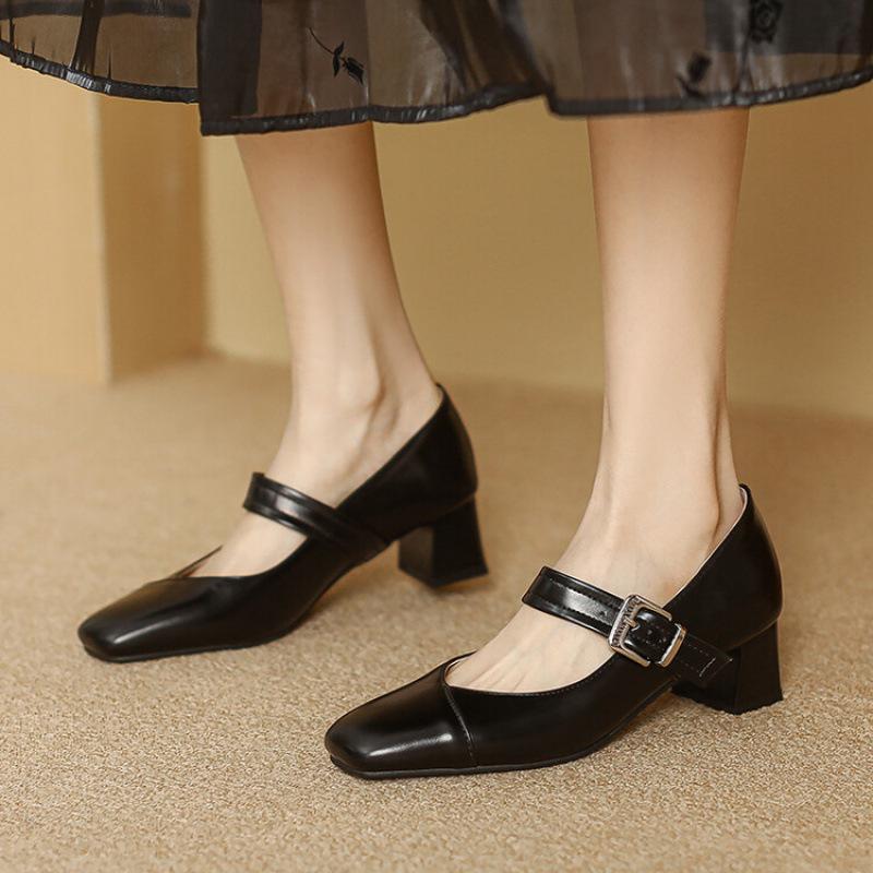 New Women's Medium-heeled Small Leather Shoes, Black Square Head, Four-season Wear, Women's Shoes, Single Shoes, Women's Feet, One Pedal, Beef Tendon