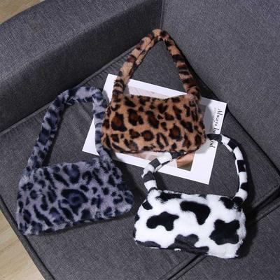 Fashion Soft Faux Fur Plush Underarm Handbag Cow Print Leopard Print Mini Shoulder Bag Faux Fur Purse