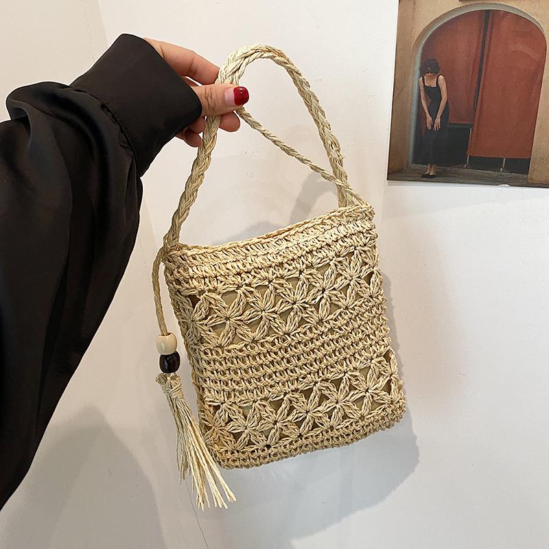 Poșetă pentru femei, cu umăr țesut din paie, pentru plajă, cu ciucuri, boho, cu croșetat, poșetă de mână, poșetă