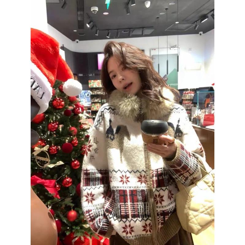 

Women s Winter 2026 Fair Isle Retro Knit Sweater Coat with Fur Collar - Christmas Style by Thirteen Rows One Size