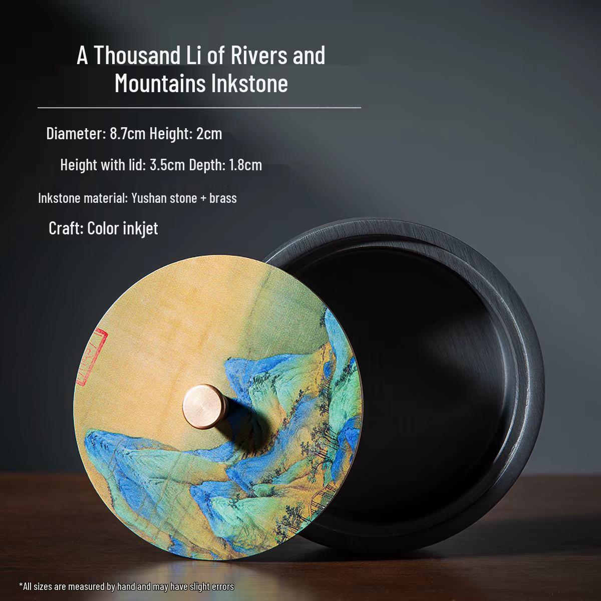 Thousand Miles of Rivers and Mountains Inkstone with Sheyan Lid - Natural Wood Grain Stone Calligraphy Ink Mill for Study Room