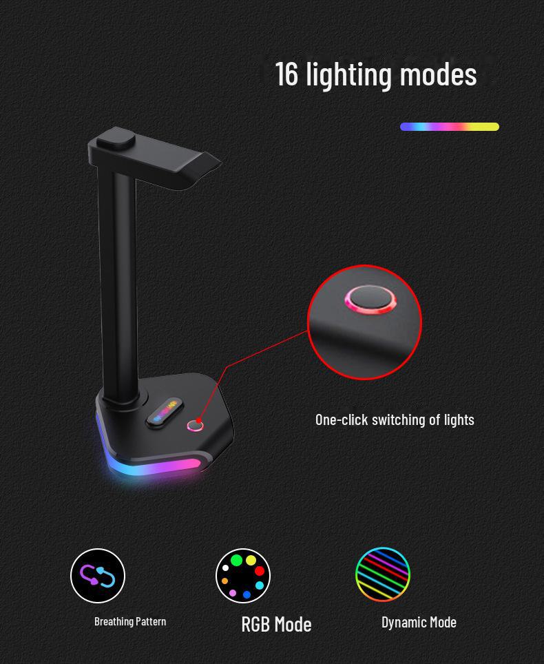 Černý svítící herní stojan na sluchátka - multifunkční stolní počítač nezbytný