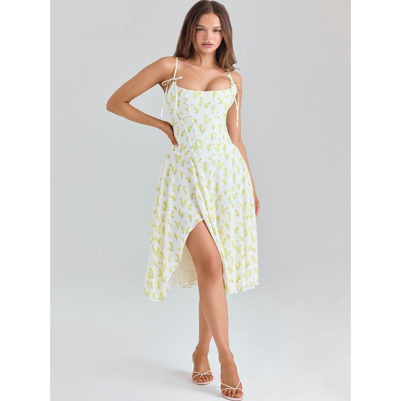 Sweet Moon God House Same Style Beautiful Holiday Style Irregular Split Floral Elegant Lace-up Sling Dress