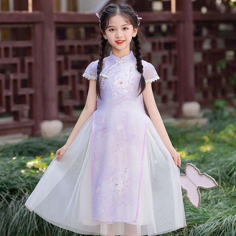 Girls' Cheongsam Dress 26 Summer New Style Chinese Style Dress New Chinese Mesh Splicing Cheongsam Dress