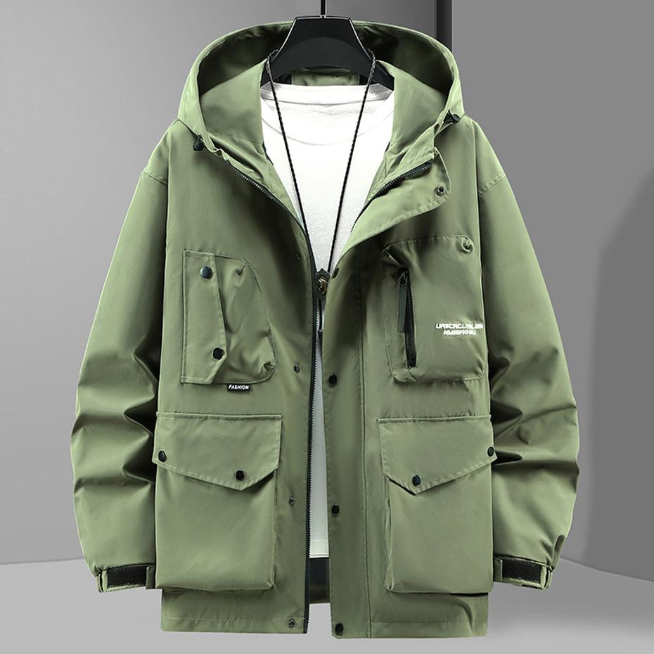 Giacca cargo antivento impermeabile da uomo con cappuccio, taglie forti, moda casual, tinta unita, cappotti di grandi dimensioni da uomo