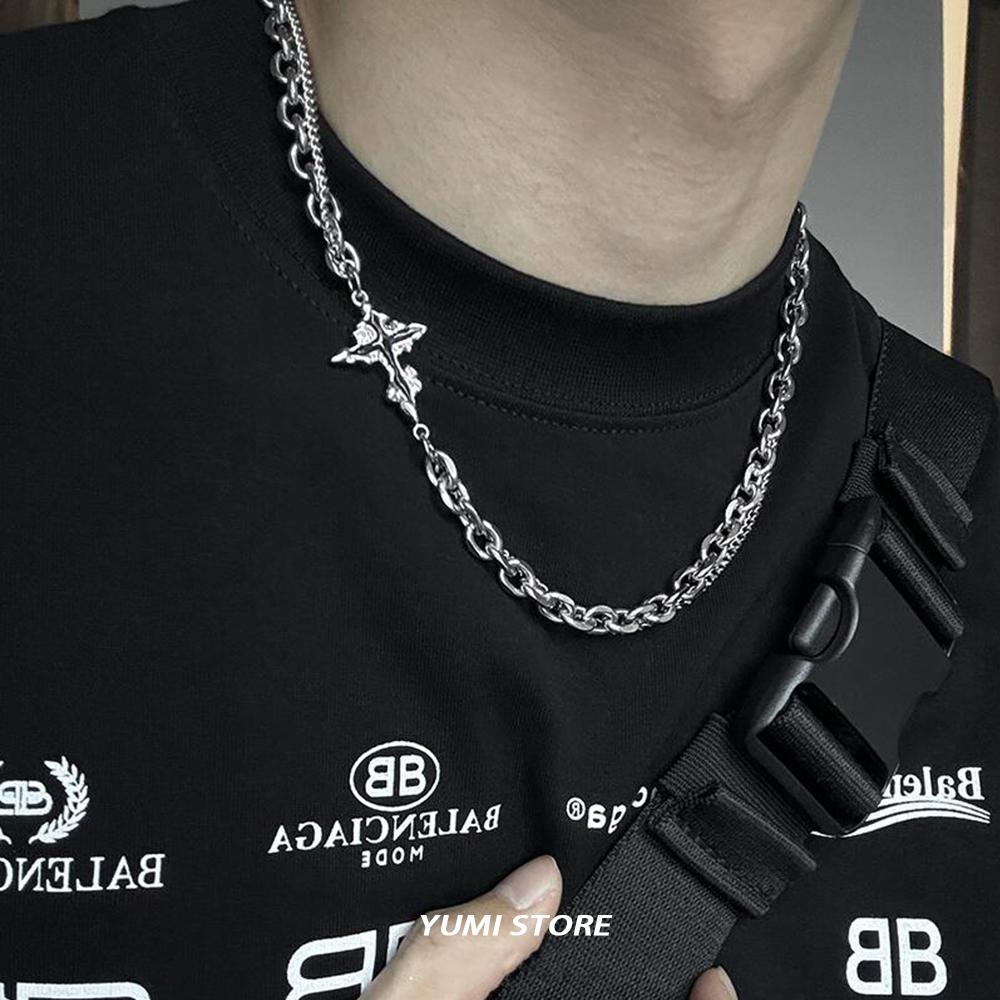 Unisex Double-Layer Titanium Steel Hip Hop Dark Cross Necklace Spliced Sweater Chain Choker  for Men And Women