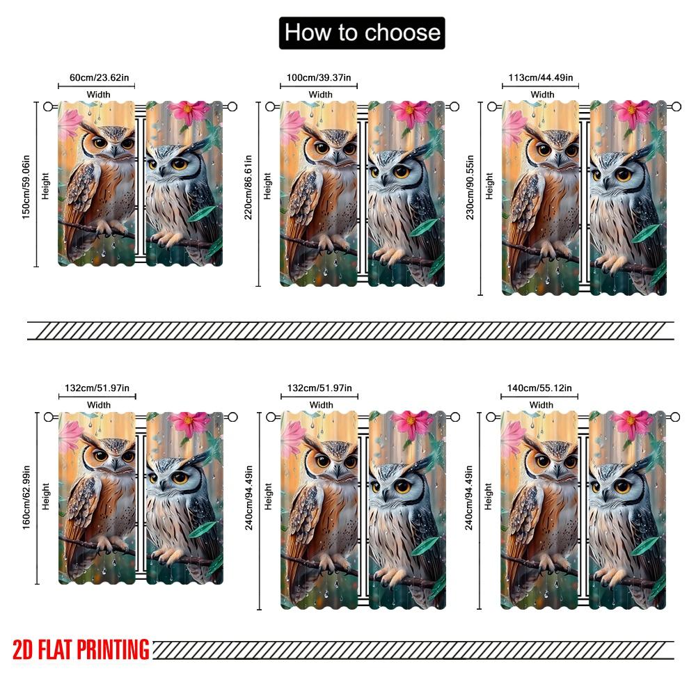 2pcs,2D Plane Printing Popular Curtains Owlish Raindrops Durable 100% Polyester Fabric (without Rod) Versatile All Use for