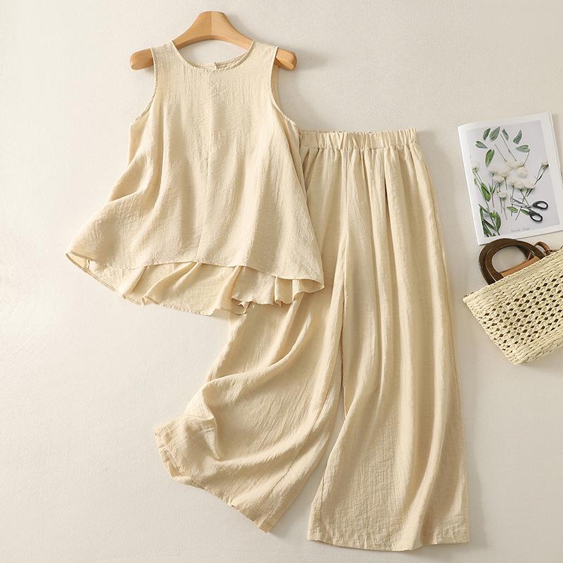 Women s Summer 2025 Linen Suit: Stylish Sleeveless Top and Casual Pants XL