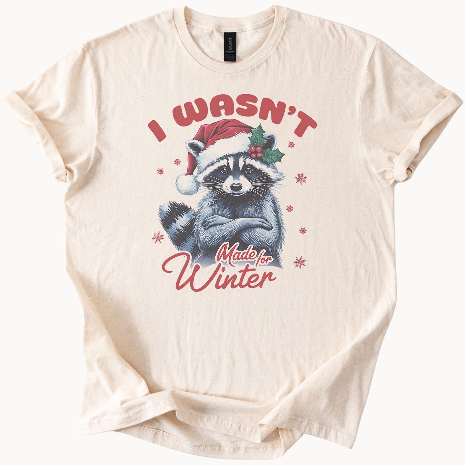 Winter Raccoon Christmas T Shirt Cute Santa Hat Holiday Animal Graphic Tee Cozy Xmas Shirt 100