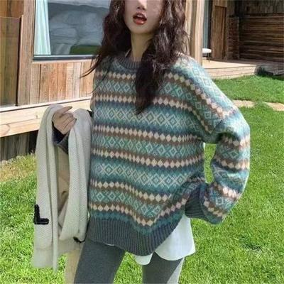 Women Oversize Sweater Round Neck Bule Pullover Sweater Top Retro Striped Jumper Women Loose Outer Female Tops Sweater Women