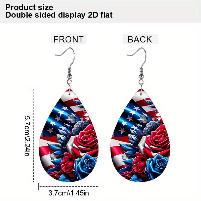 Patriotic American Flag with Sunflower Boots PU Earrings for Women, Independence Day American Flag Rose Flower Water Drop Earrings