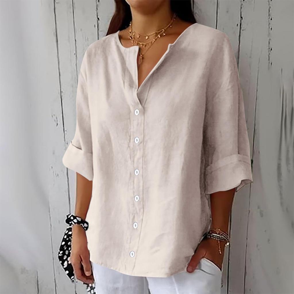 Women's Fashion Casual V-Neck Buttoned Seven Sleeve Cotton Linen Top