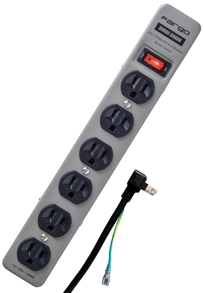 Fargo STEEL TAP Power Strip, Steel, 3-Prong, with Grounding Wire, Wall-Mountable, Fixed Cord (Light Gray, 6 Outlets, 2m)