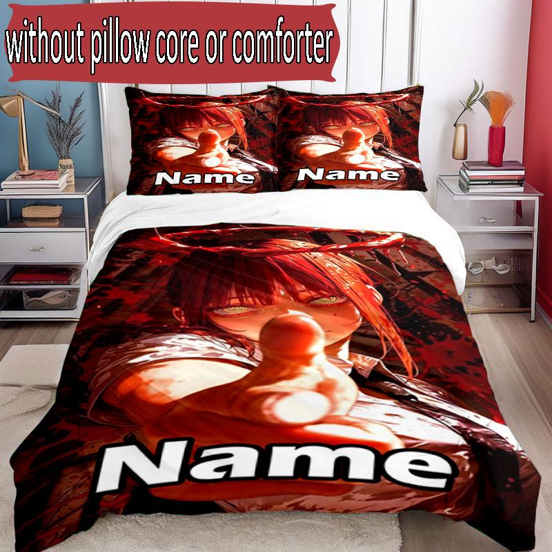 3pcs Duvet Cover Set (1*Duvet Cover + 2*Pillowcase, Without Core), Custom Name Makima Chainsaw Man Pattern Bedding Set, Home Bedroom Decor Gift