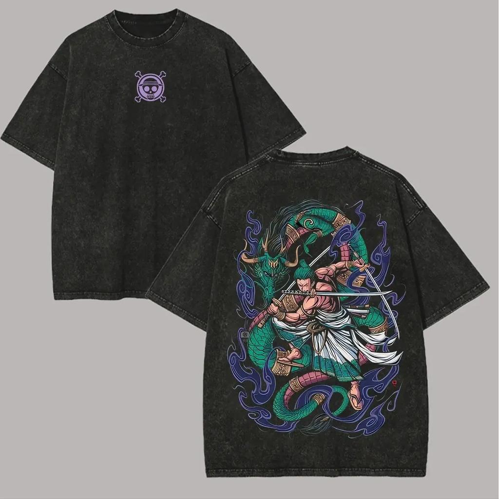 New One Piece Zoro Graphic T Shirt Men Women Vintage Wash Short Sleeve Tee Summer 2026 Y2k Anime Print Cotton Streetwear Casual