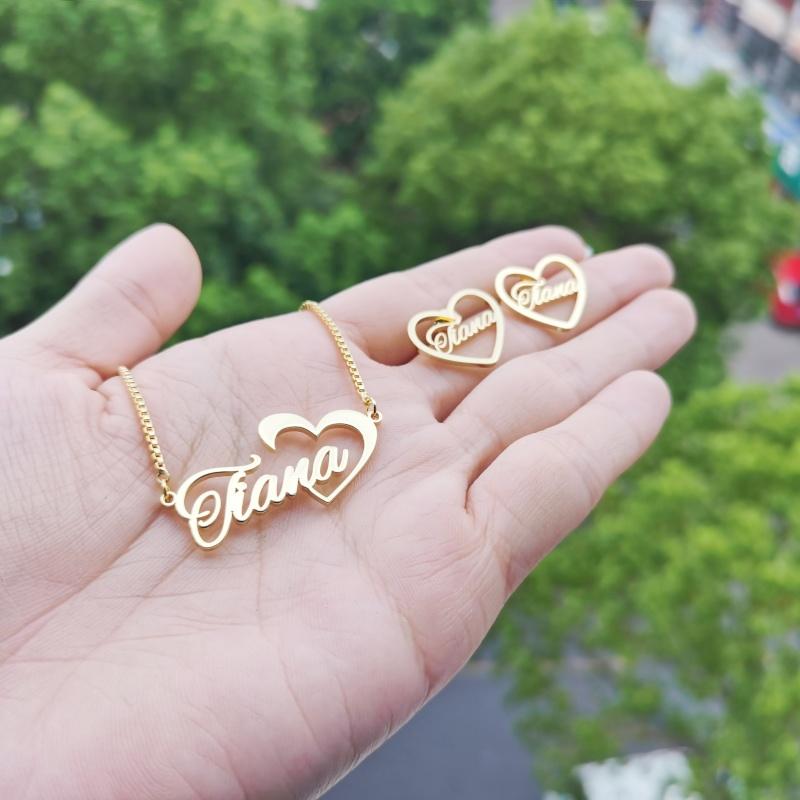 Qiuhan 20mm Heart Earrings Necklace Set, Personalized Stainless Steel Custom Name Jewelry Set