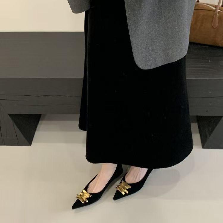 2026 commuter metal buckle single shoes women's high-end temperament suede pointed high heels