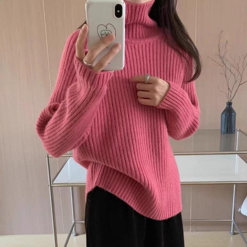 Women's Slim-Fit Ribbed High Neck Sweater - Solid Color Knit Top for Autumn/Winter