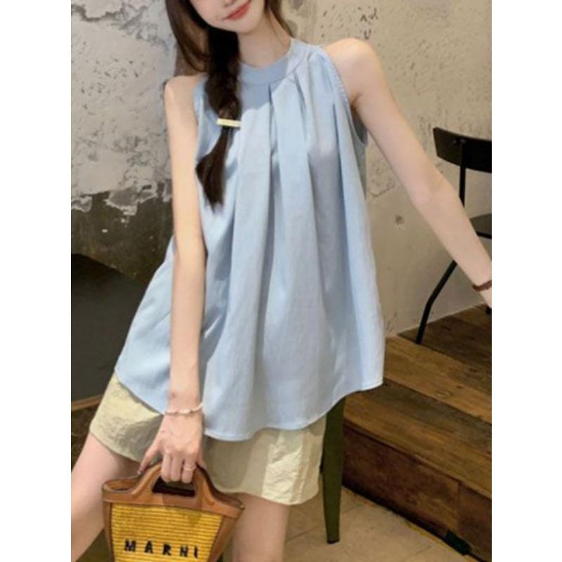 Women's New Summer Style Light Blue Halterneck Off-shoulder Sleeveless Vest Loose Casual Top