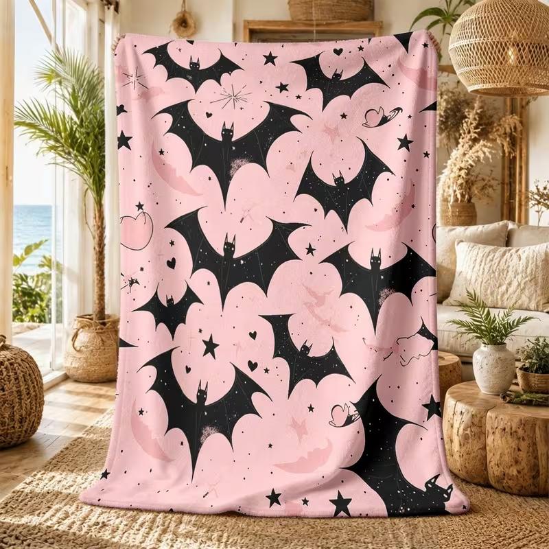 Süßer Rosa Hintergrund Schwarze Fledermaus Stern Herz Muster Decke Süßes Halloween Spuk Muster Weich Warm Gotische Decke Ganzjahres