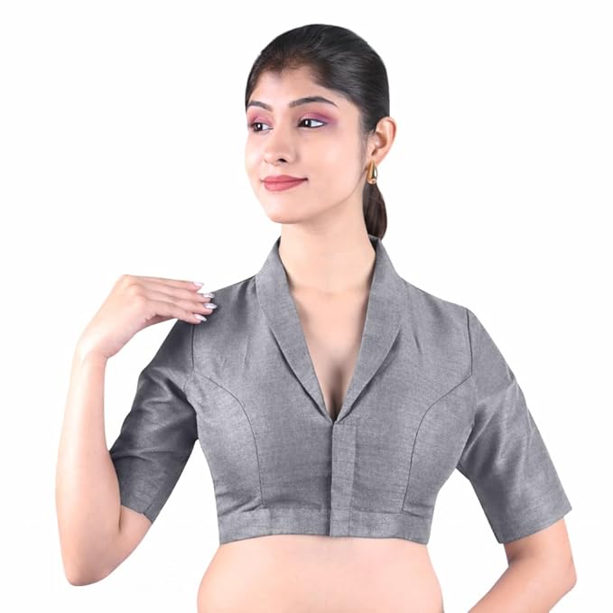 Women’s Solid Collar Neck Readymade Saree Blouse | Front Open Non Padded | Half Sleeve Art Silk Blouse