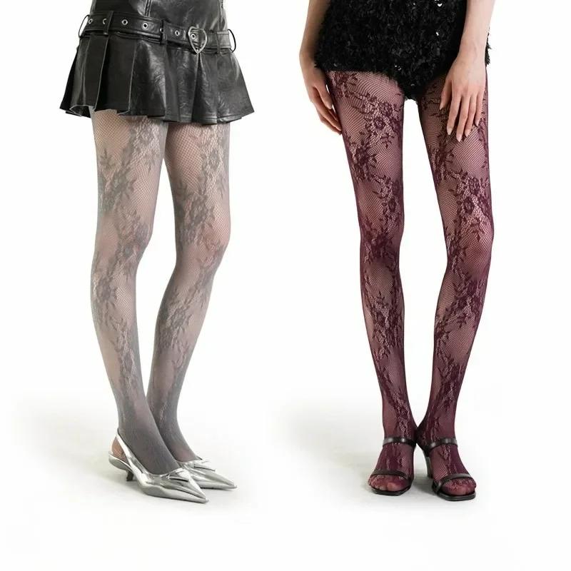Women Sexy Hollow Out Mesh Fishnet Pantyhose Lolita Sweet Girls Punk Style Floral Tights Colorful Thigh High Stockings Lingerie