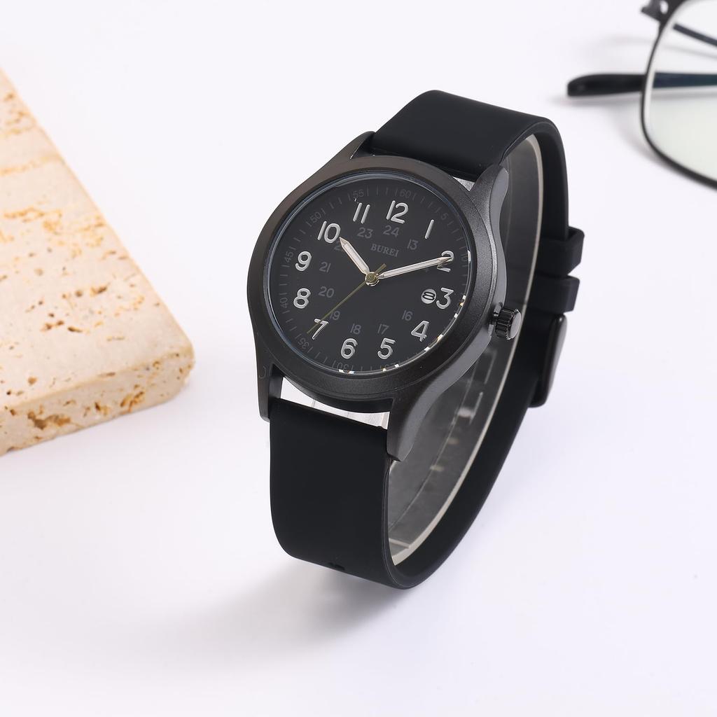 BUREI Quartz Analog Simple Date Silica Gel Popular Gift Men's Watch, Design, Black, Display, Waterproof, Luminous, Lightweight, Strap, Unisex,