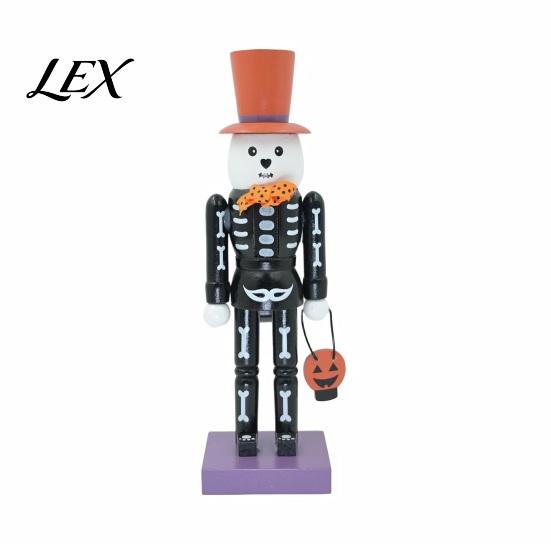 Solid Wood Holiday Statue Halloween Nutcracker Wooden Figurine, Hand-Painted Skeleton Soldier Ornament, Retro Seasonal Horror Theme Ornament