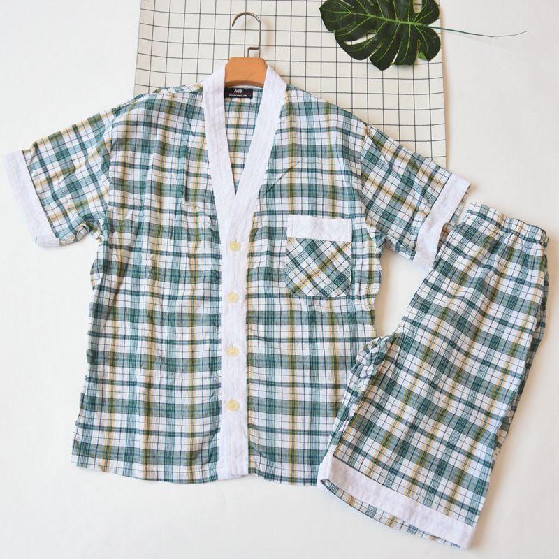 

Outdoor Summer Men Pure Cotton V Neck Short Sleeve Shorts Pajamas Thin Suit Casual Homewear Breathable Air Conditioning Room Shirts Green Gingham M