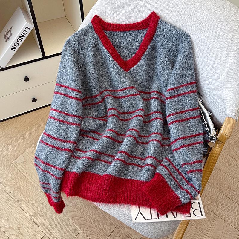 2026 Fall/Winter Korean Casual Color Block V-Neck Striped Knit Sweater