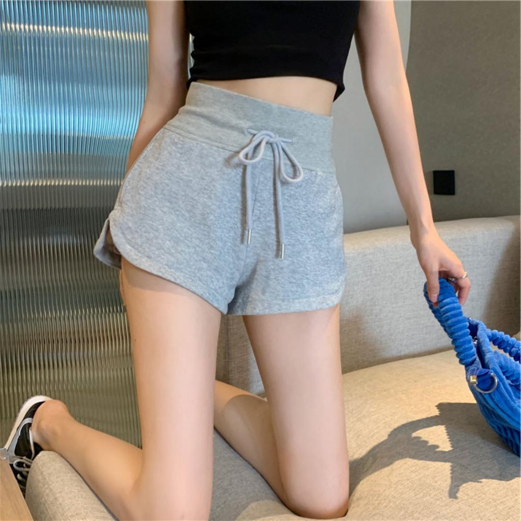 Hongkong Szare Spodnie Casualowe Damskie Letnie Szorty z Wysokim Stanem Sznurek do Ściągania Spodnie Sportowe Poczucie Designu Rozcięcie Hot Pants Spodnie Proste