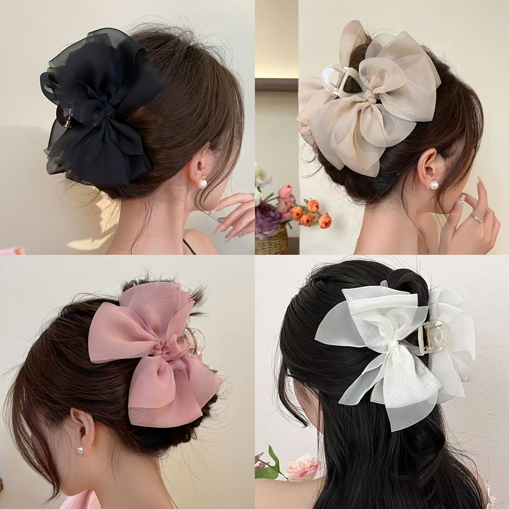 Elegant Large Mesh Bow Hair Claw Non-Slip Vintage-Inspired Accessory for Women Perfect for Everyday & Special Occasions