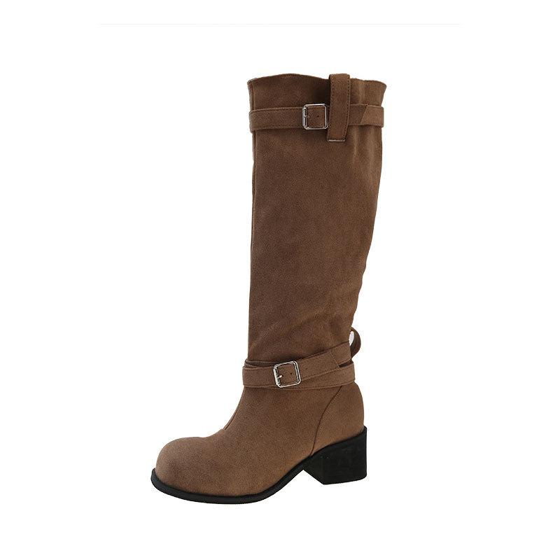 New summer breathable boots women's platform high boots medium tube brown pile boots Maillard boots