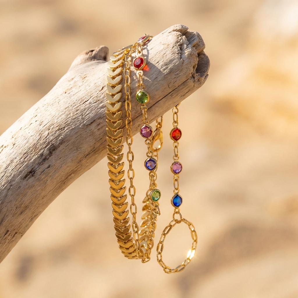Boho Gold Color Leaf Rainbow Stone Chain Bracelet for Women Vintage Multilayer Finger Ring Hand Bracelet Fashion Jewelry Gift