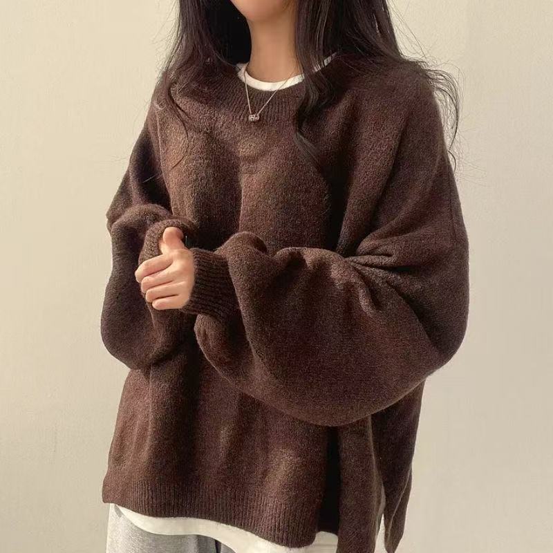 Maglioni da Donna Vintage Autunno Inverno Manica a Lanterna Nera Pullover in Maglia Oversize Coreani Monocolore Base