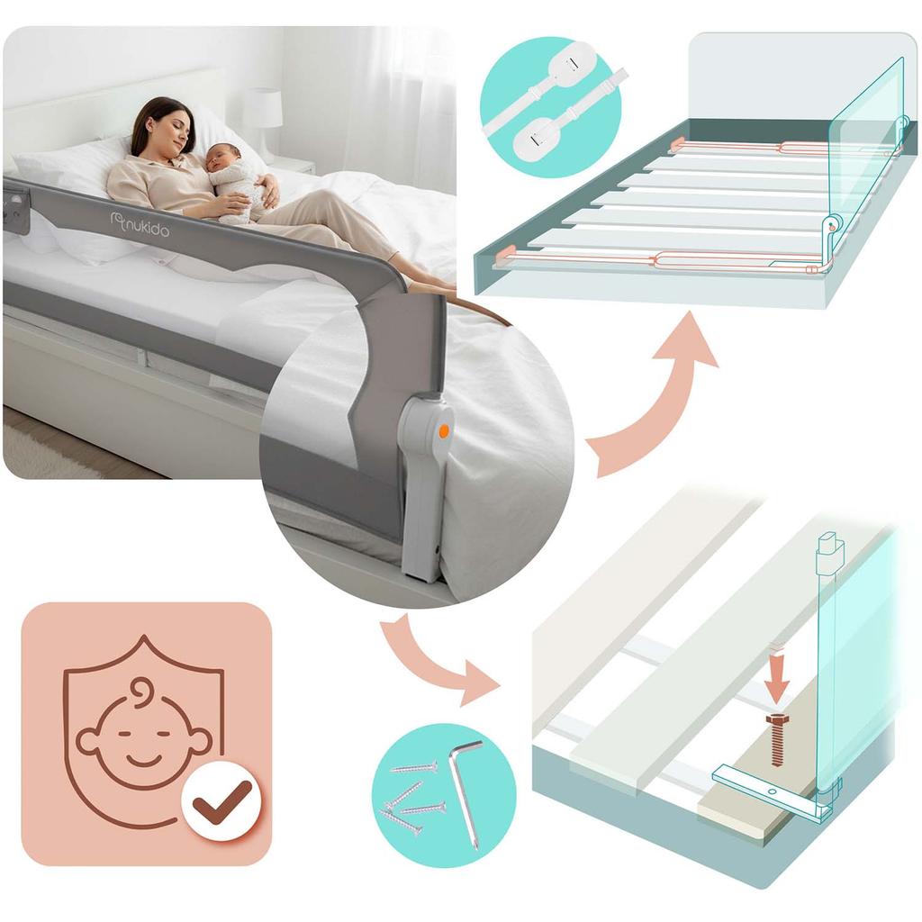 Bed Guardrail, Safety Gate, Lock, 200 Cm, Nukido, Gray