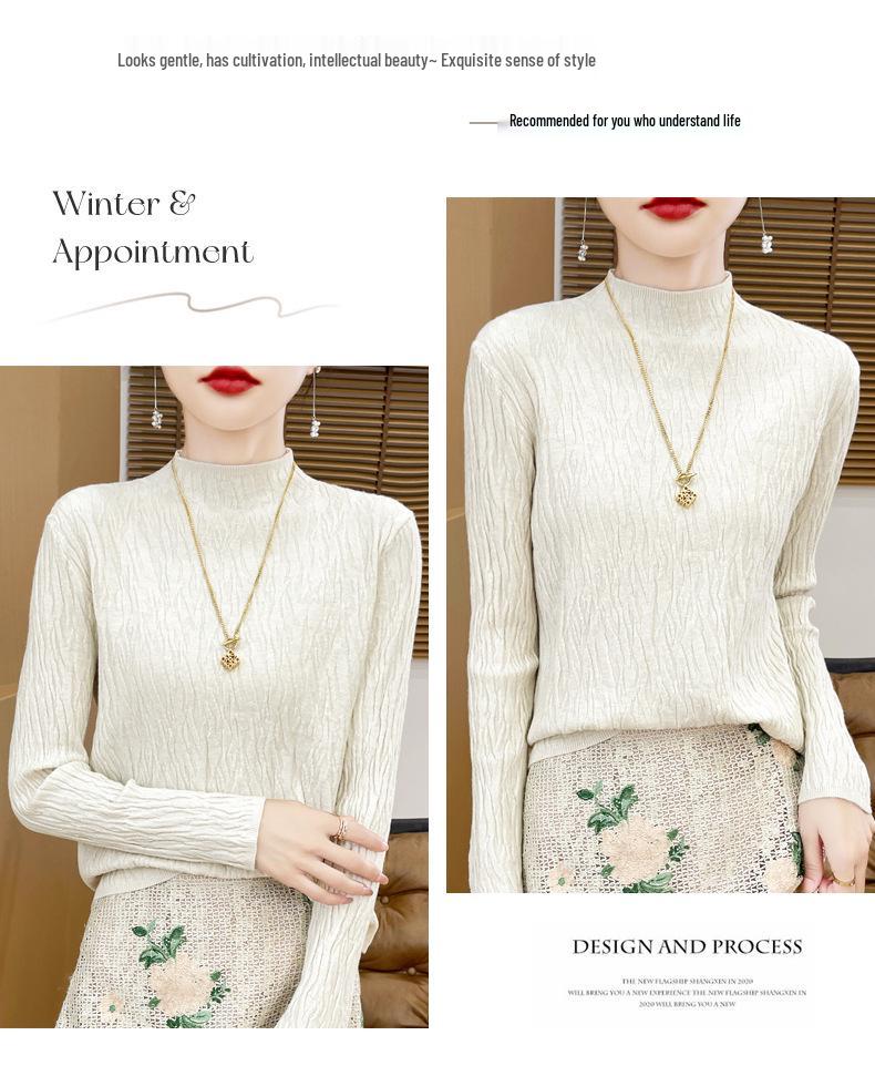 Niche Bark Texture Half-High Collar Sweater: Autumn/Winter Long Sleeve Temperament Knitwear for Women