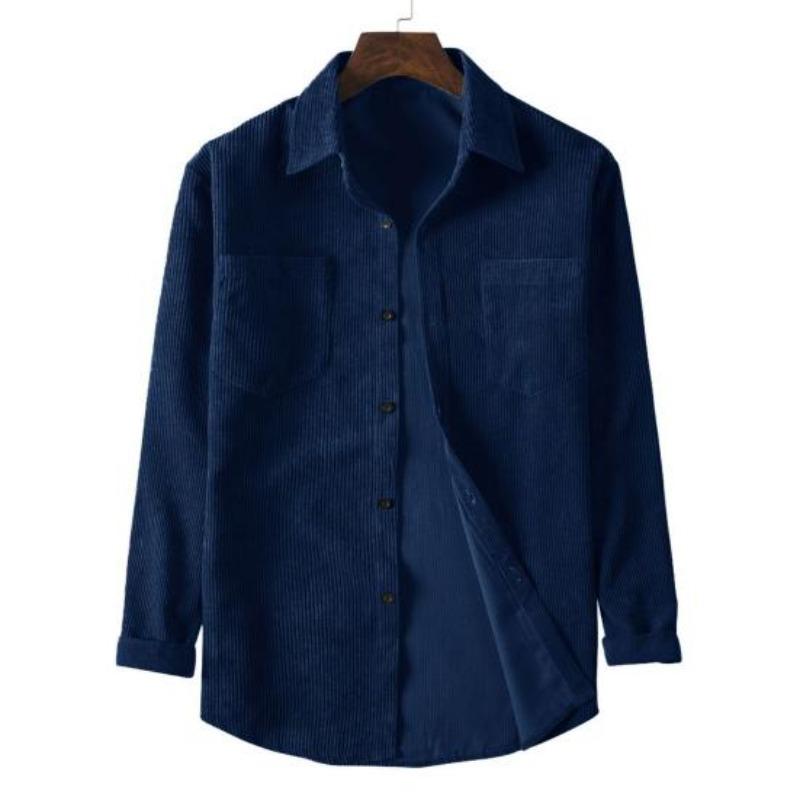 

Yousheng Men Corduroy Shirt Turn-down Collar Single-breasted Solid Color Loose Cardigan Retro Style Mid Length with Chest Pockets Top for Daily Wear XXXL темно-синього кольору