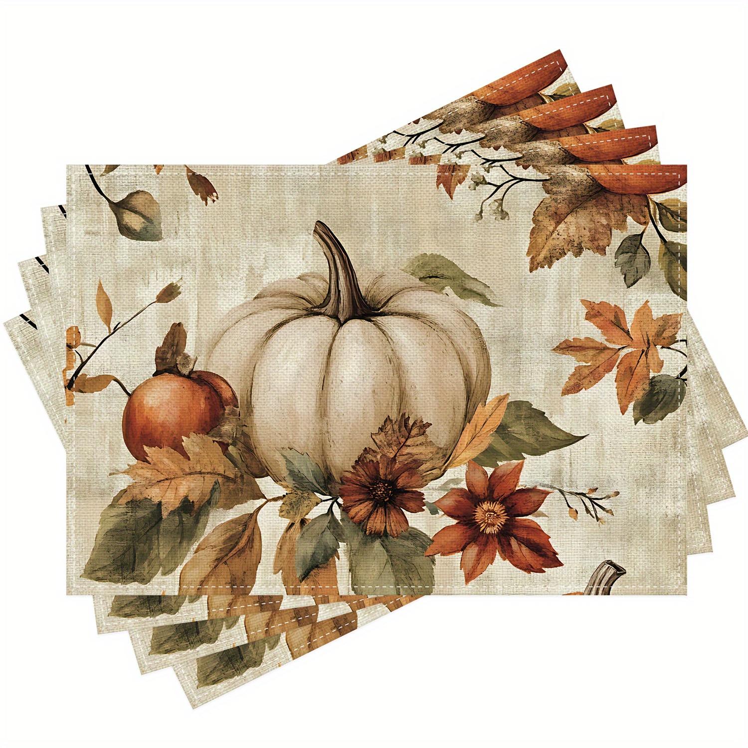 

4/ 6pcs Vintage Pumpkin Flowers Leaves Placemats 12x18 Inch Fall Thanksgiving Table Decorations for Kitchen Dining Party Home 30x45cm-4PC